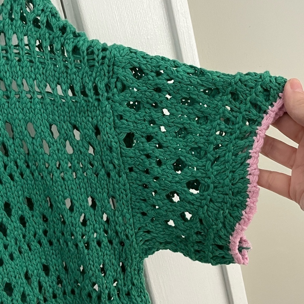 FREE PEOPLE Santa Cruz Club Shirt Golf Green Pink Combo Crochet Grannycore XS - Picture 8 of 16